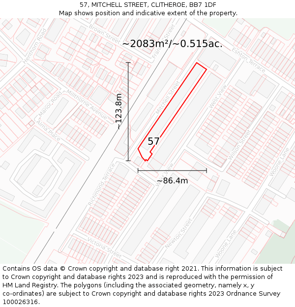 57, MITCHELL STREET, CLITHEROE, BB7 1DF: Plot and title map