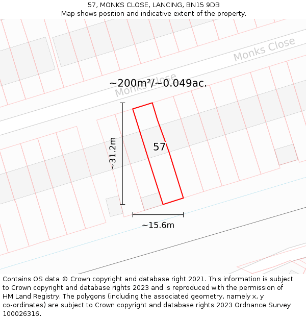 57, MONKS CLOSE, LANCING, BN15 9DB: Plot and title map