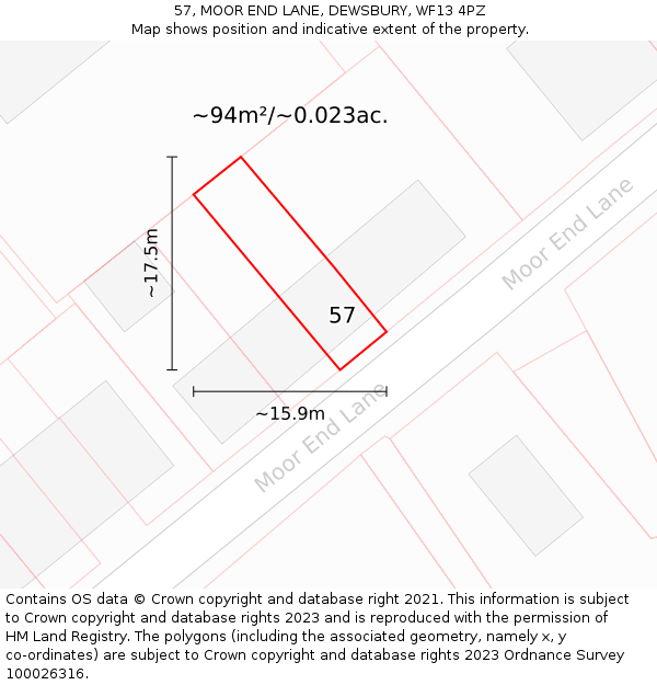 57, MOOR END LANE, DEWSBURY, WF13 4PZ: Plot and title map