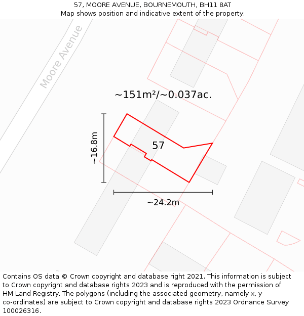 57, MOORE AVENUE, BOURNEMOUTH, BH11 8AT: Plot and title map