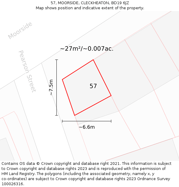 57, MOORSIDE, CLECKHEATON, BD19 6JZ: Plot and title map