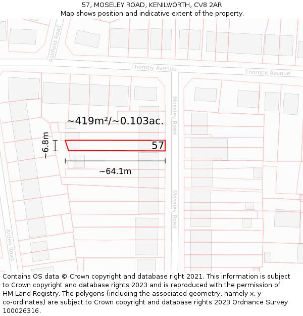 57, MOSELEY ROAD, KENILWORTH, CV8 2AR: Plot and title map