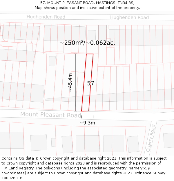 57, MOUNT PLEASANT ROAD, HASTINGS, TN34 3SJ: Plot and title map