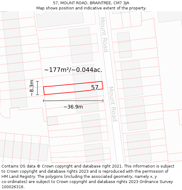 57, MOUNT ROAD, BRAINTREE, CM7 3JA: Plot and title map