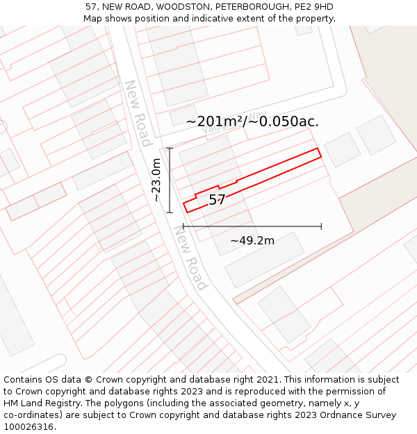 57, NEW ROAD, WOODSTON, PETERBOROUGH, PE2 9HD: Plot and title map
