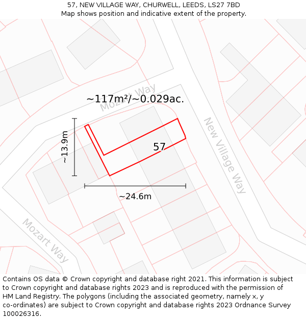 57, NEW VILLAGE WAY, CHURWELL, LEEDS, LS27 7BD: Plot and title map