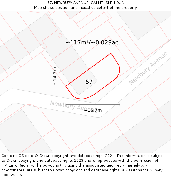 57, NEWBURY AVENUE, CALNE, SN11 9UN: Plot and title map