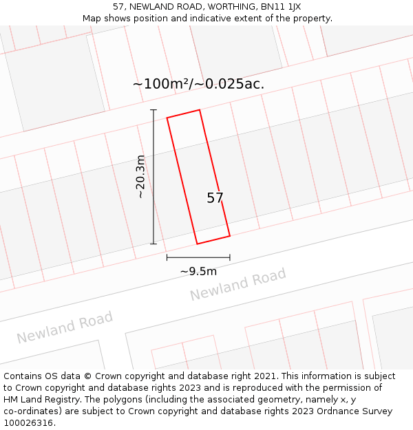57, NEWLAND ROAD, WORTHING, BN11 1JX: Plot and title map
