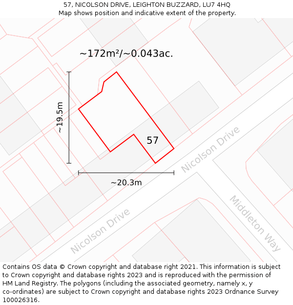 57, NICOLSON DRIVE, LEIGHTON BUZZARD, LU7 4HQ: Plot and title map