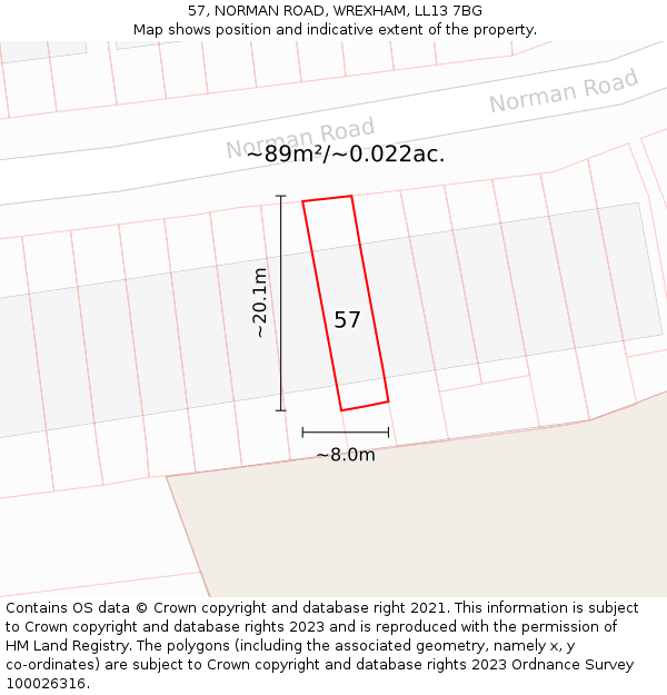 57, NORMAN ROAD, WREXHAM, LL13 7BG: Plot and title map