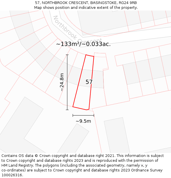 57, NORTHBROOK CRESCENT, BASINGSTOKE, RG24 9RB: Plot and title map