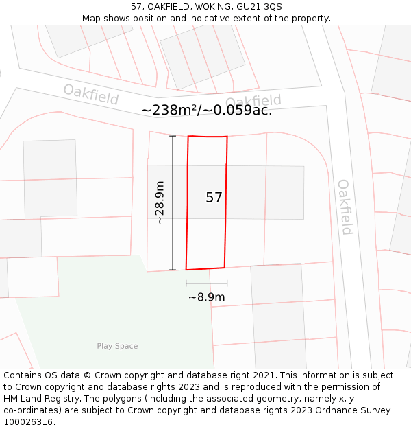 57, OAKFIELD, WOKING, GU21 3QS: Plot and title map
