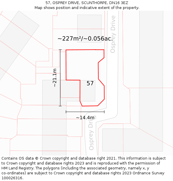 57, OSPREY DRIVE, SCUNTHORPE, DN16 3EZ: Plot and title map
