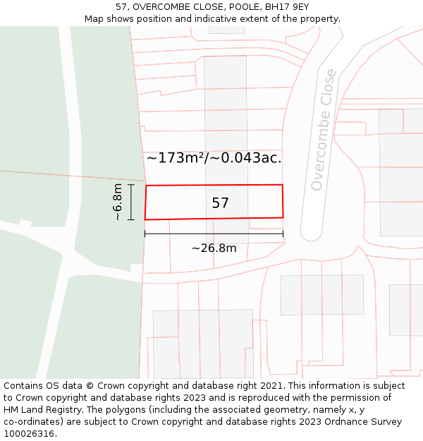 57, OVERCOMBE CLOSE, POOLE, BH17 9EY: Plot and title map