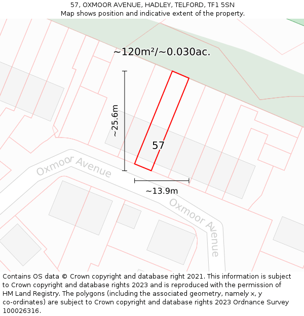 57, OXMOOR AVENUE, HADLEY, TELFORD, TF1 5SN: Plot and title map