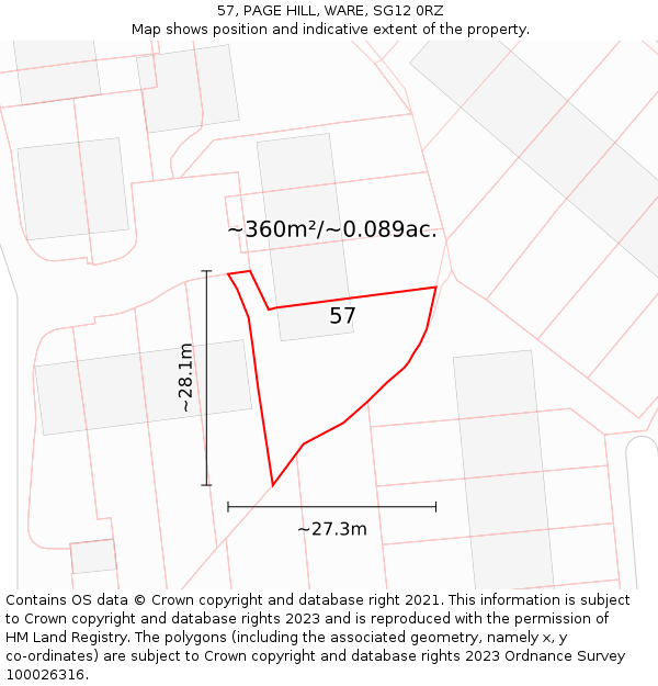 57, PAGE HILL, WARE, SG12 0RZ: Plot and title map