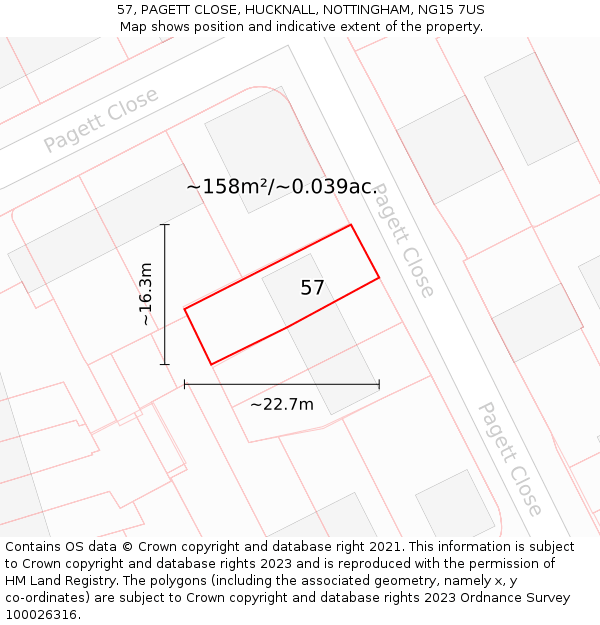 57, PAGETT CLOSE, HUCKNALL, NOTTINGHAM, NG15 7US: Plot and title map