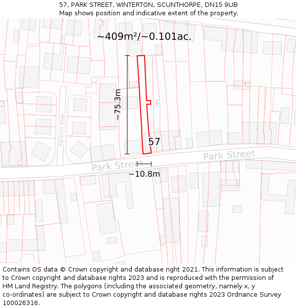 57, PARK STREET, WINTERTON, SCUNTHORPE, DN15 9UB: Plot and title map