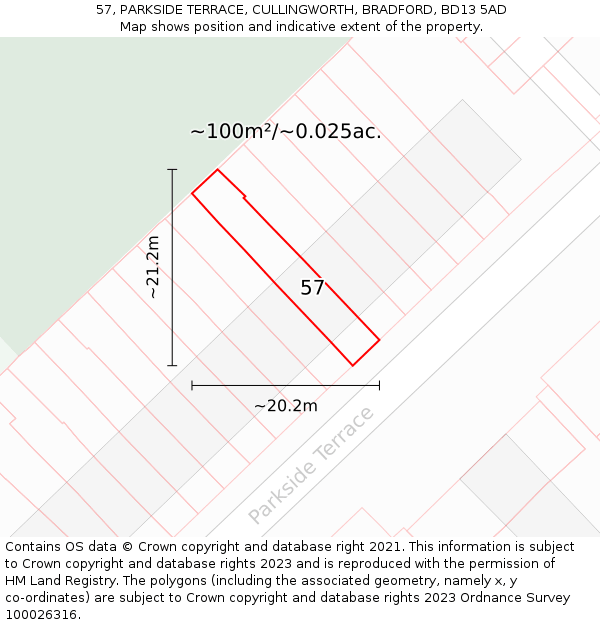 57, PARKSIDE TERRACE, CULLINGWORTH, BRADFORD, BD13 5AD: Plot and title map