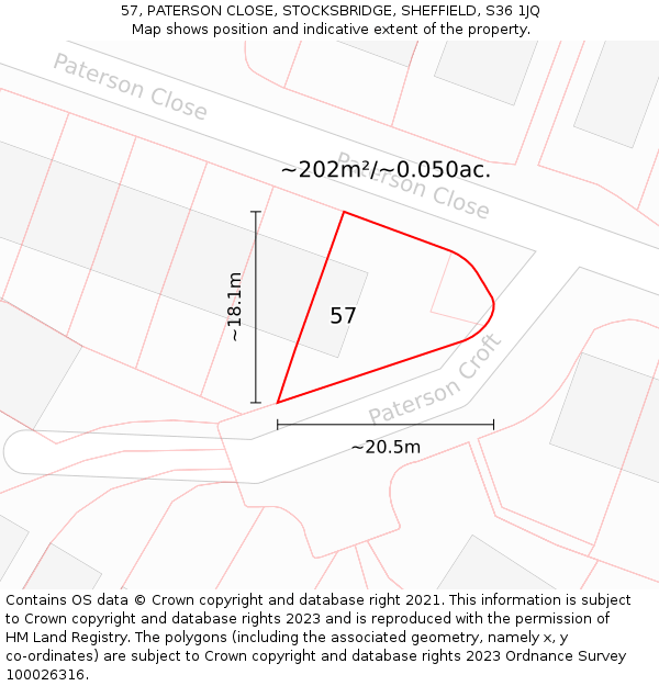 57, PATERSON CLOSE, STOCKSBRIDGE, SHEFFIELD, S36 1JQ: Plot and title map