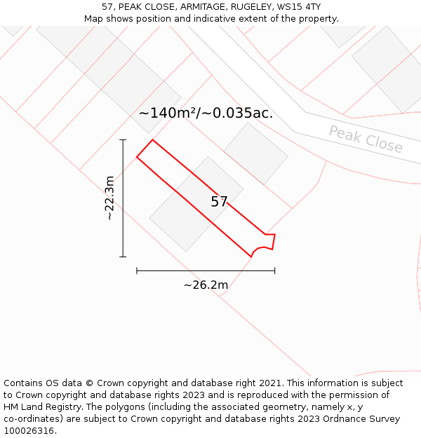 57, PEAK CLOSE, ARMITAGE, RUGELEY, WS15 4TY: Plot and title map