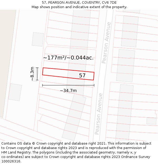 57, PEARSON AVENUE, COVENTRY, CV6 7DE: Plot and title map