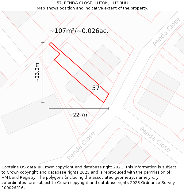 57, PENDA CLOSE, LUTON, LU3 3UU: Plot and title map