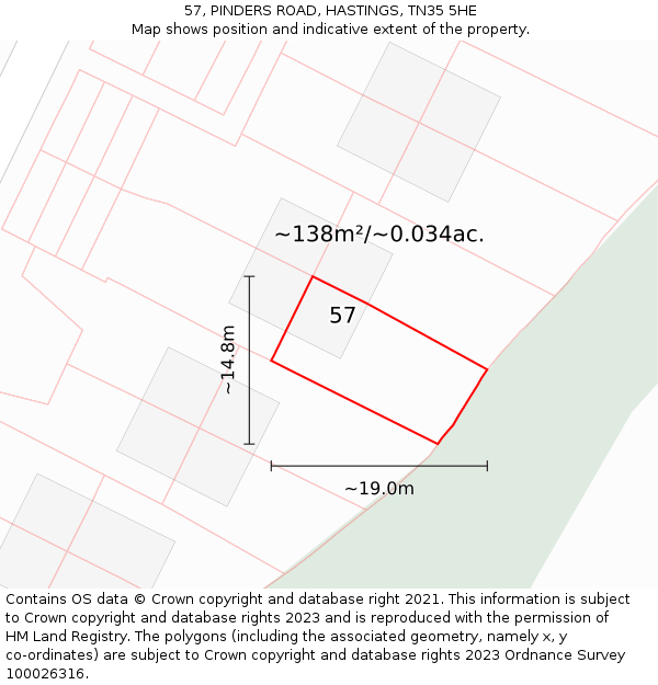 57, PINDERS ROAD, HASTINGS, TN35 5HE: Plot and title map