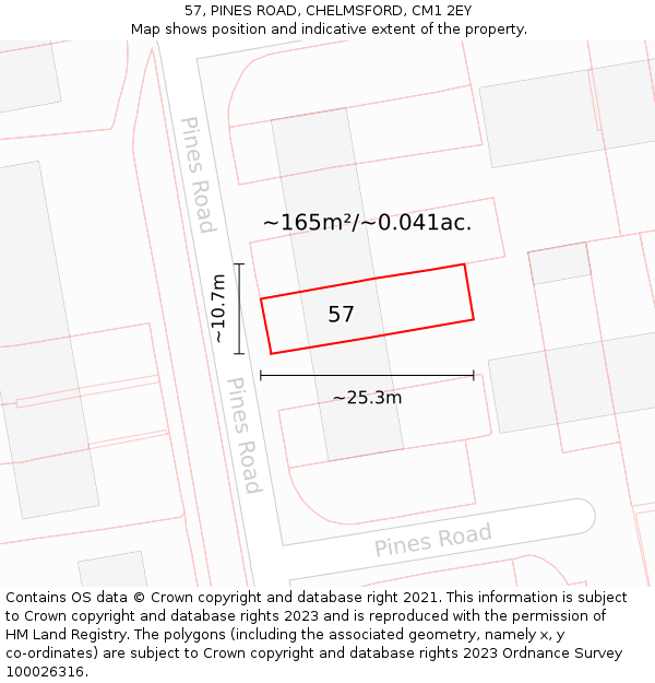57, PINES ROAD, CHELMSFORD, CM1 2EY: Plot and title map