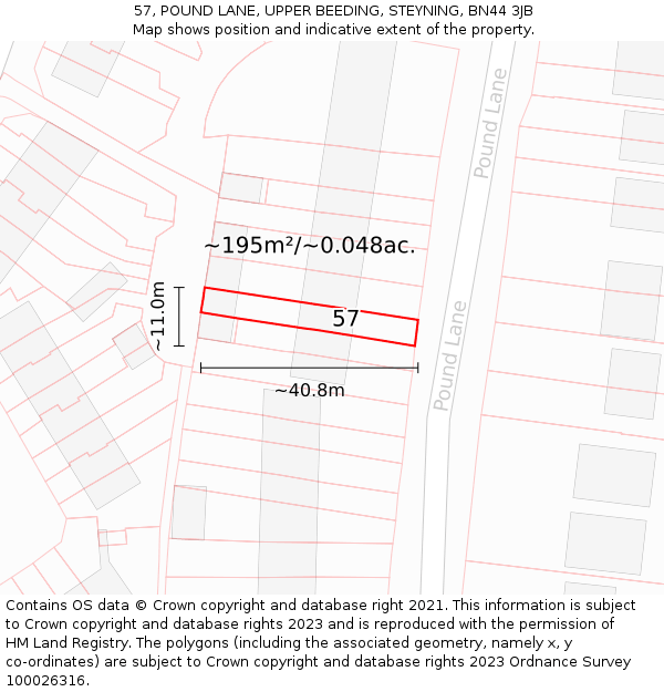 57, POUND LANE, UPPER BEEDING, STEYNING, BN44 3JB: Plot and title map