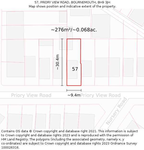 57, PRIORY VIEW ROAD, BOURNEMOUTH, BH9 3JH: Plot and title map