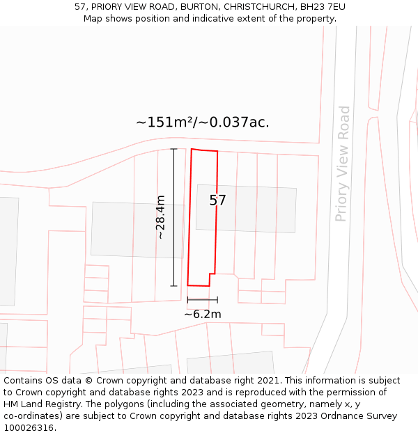 57, PRIORY VIEW ROAD, BURTON, CHRISTCHURCH, BH23 7EU: Plot and title map
