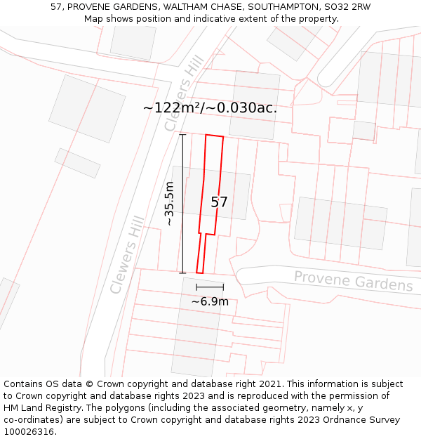 57, PROVENE GARDENS, WALTHAM CHASE, SOUTHAMPTON, SO32 2RW: Plot and title map