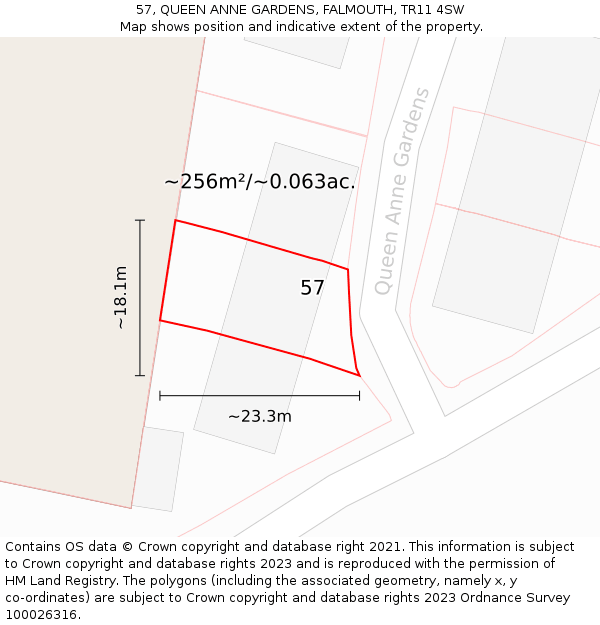 57, QUEEN ANNE GARDENS, FALMOUTH, TR11 4SW: Plot and title map