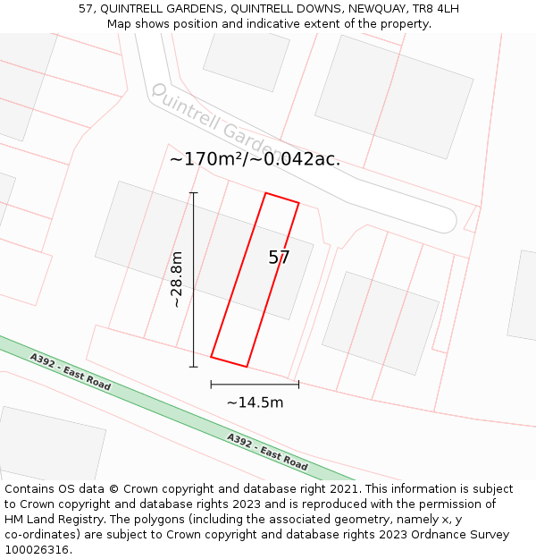 57, QUINTRELL GARDENS, QUINTRELL DOWNS, NEWQUAY, TR8 4LH: Plot and title map