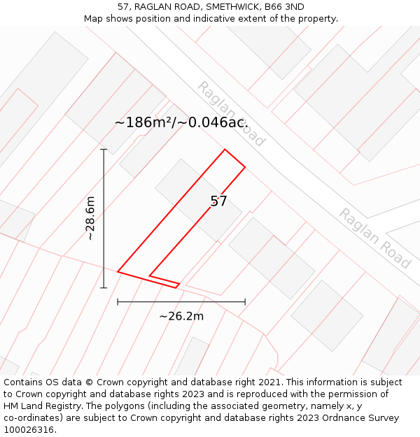 57, RAGLAN ROAD, SMETHWICK, B66 3ND: Plot and title map