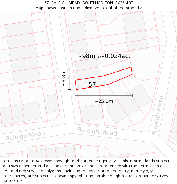 57, RALEIGH MEAD, SOUTH MOLTON, EX36 4BT: Plot and title map