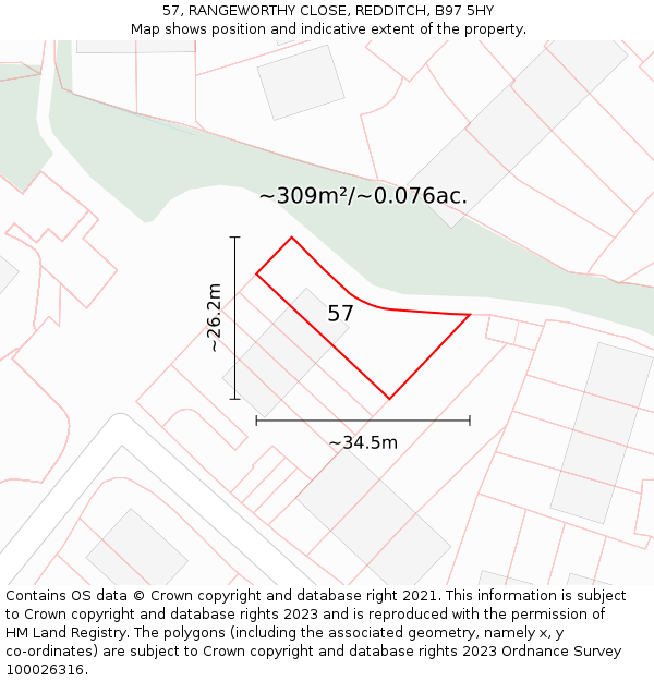 57, RANGEWORTHY CLOSE, REDDITCH, B97 5HY: Plot and title map