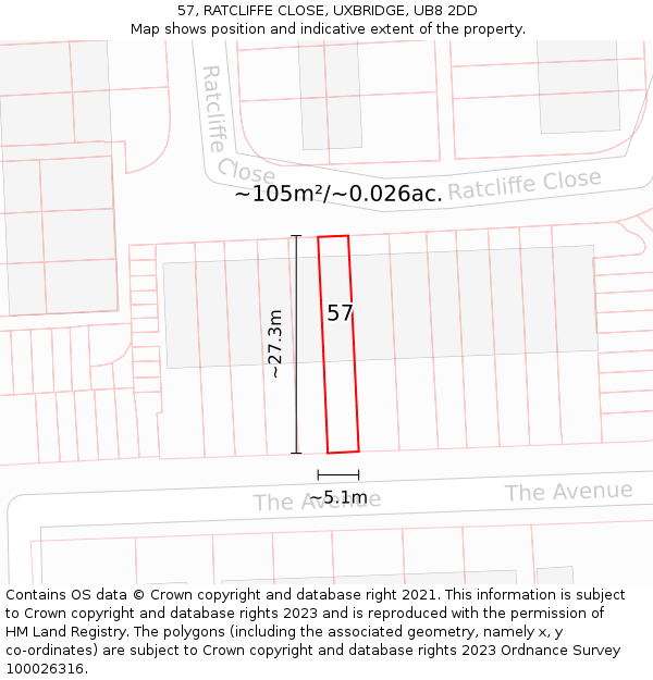 57, RATCLIFFE CLOSE, UXBRIDGE, UB8 2DD: Plot and title map