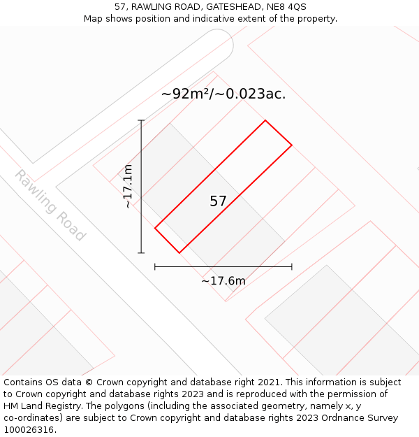 57, RAWLING ROAD, GATESHEAD, NE8 4QS: Plot and title map
