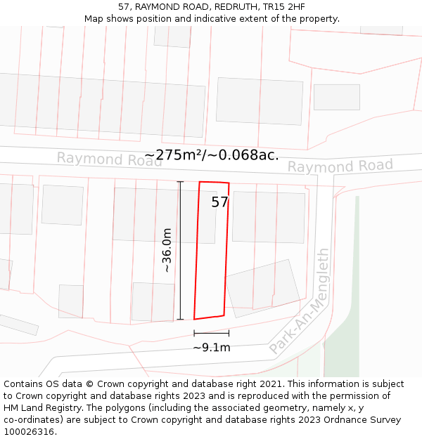 57, RAYMOND ROAD, REDRUTH, TR15 2HF: Plot and title map