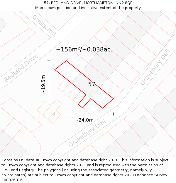 57, REDLAND DRIVE, NORTHAMPTON, NN2 8QE: Plot and title map