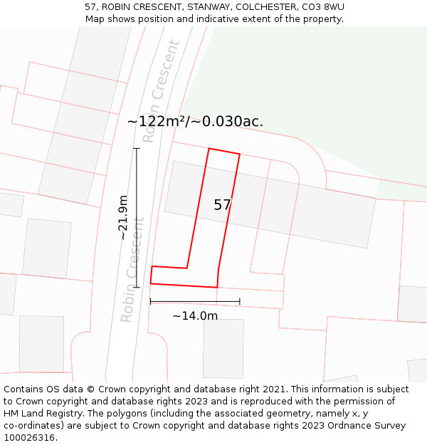 57, ROBIN CRESCENT, STANWAY, COLCHESTER, CO3 8WU: Plot and title map