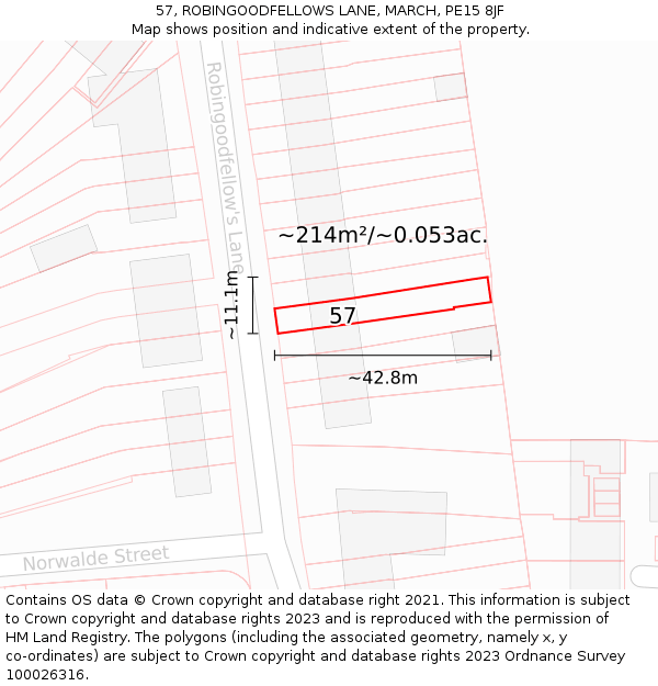 57, ROBINGOODFELLOWS LANE, MARCH, PE15 8JF: Plot and title map
