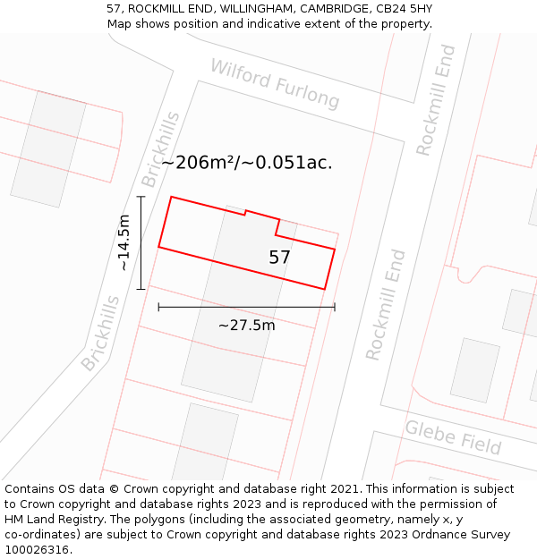 57, ROCKMILL END, WILLINGHAM, CAMBRIDGE, CB24 5HY: Plot and title map