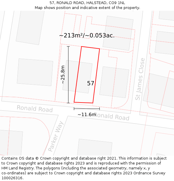 57, RONALD ROAD, HALSTEAD, CO9 1NL: Plot and title map