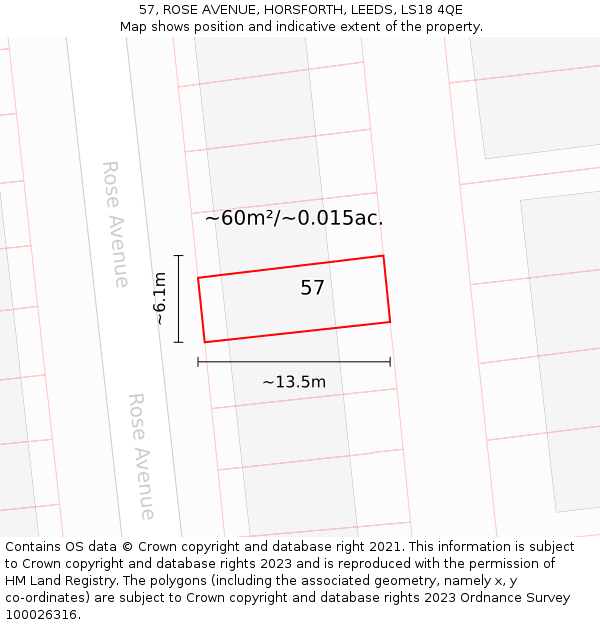 57, ROSE AVENUE, HORSFORTH, LEEDS, LS18 4QE: Plot and title map