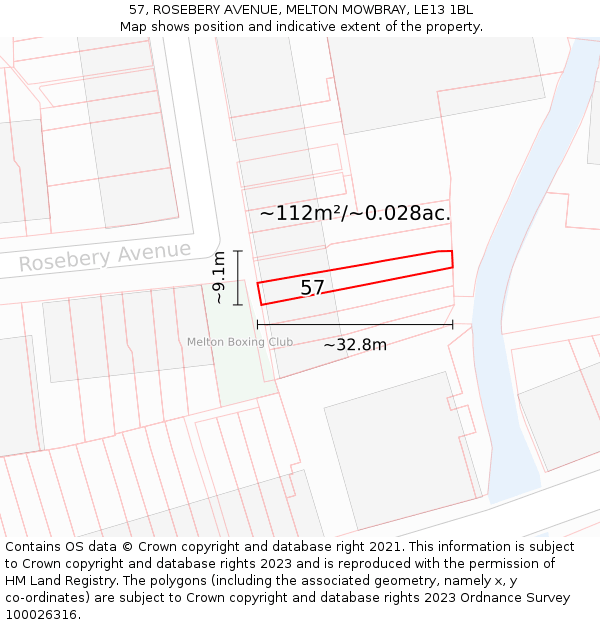 57, ROSEBERY AVENUE, MELTON MOWBRAY, LE13 1BL: Plot and title map