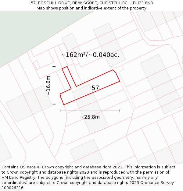 57, ROSEHILL DRIVE, BRANSGORE, CHRISTCHURCH, BH23 8NR: Plot and title map