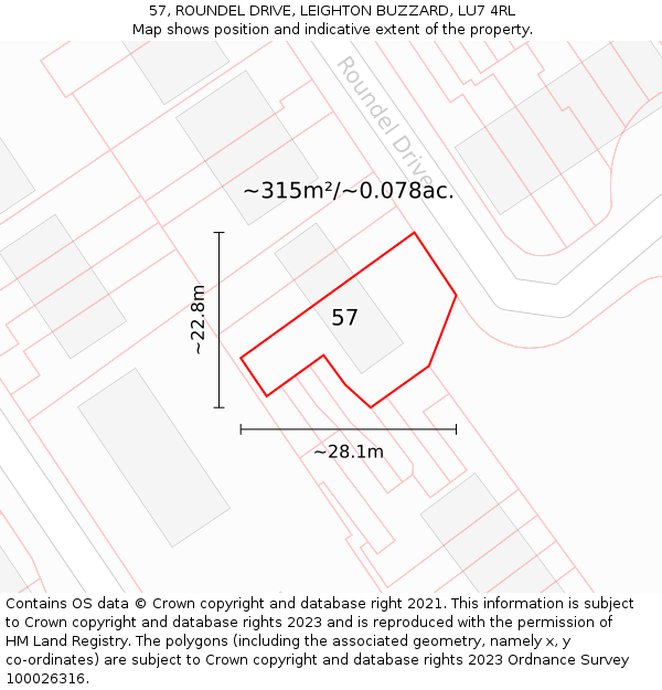 57, ROUNDEL DRIVE, LEIGHTON BUZZARD, LU7 4RL: Plot and title map